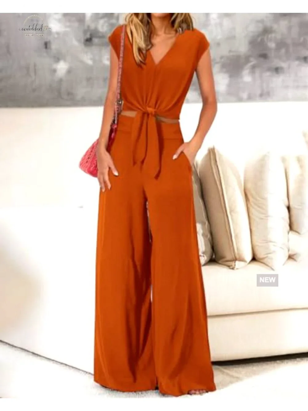 Women's 2 Piece Pant Set V Neck Crop Top Wide Leg Palazzo Pants - Picture 3 of 7